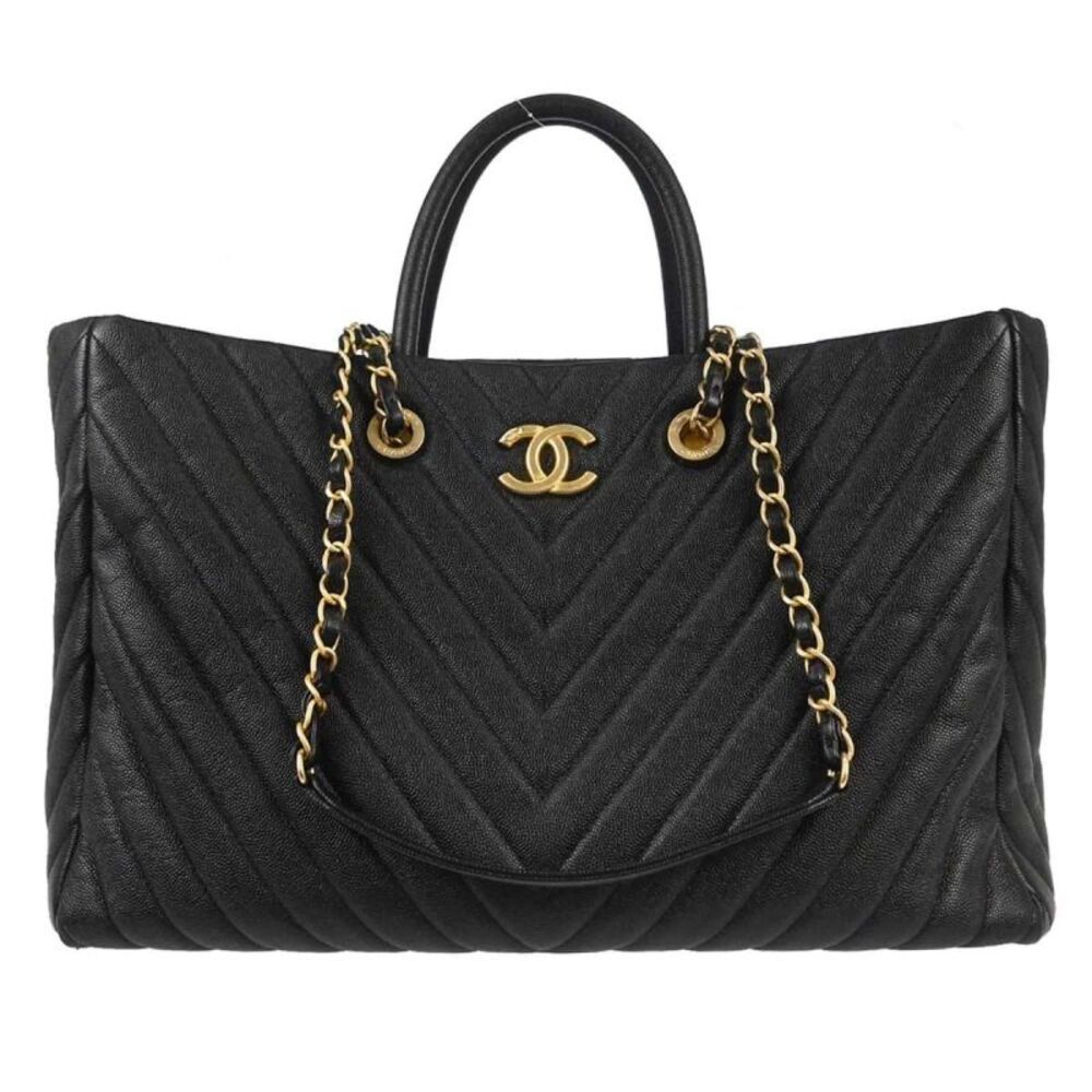 Chanel Shopping Quilted Knit Pluto Glitter Black Calfskin Handbag